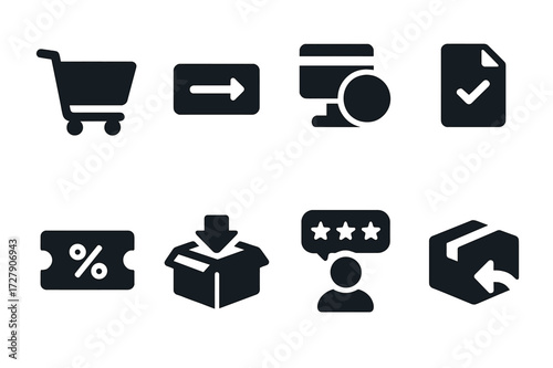 E-commerce Icon Set. Solid, filled icon set of e-commerce transactions: shopping cart, checkout button, payment gateway, order confirmation, discount coupon,