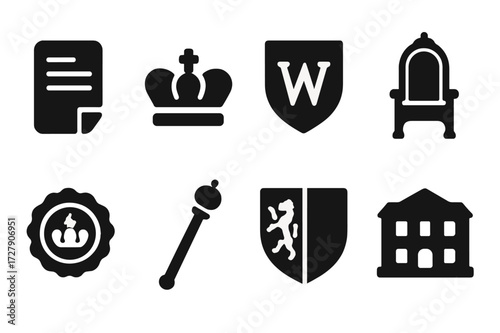 Heir Rights Icons. Solid, filled icon set of heir rights: legal document, crown, family crest, throne, royal seal, scepter, heraldic shield, ancestral mansion.