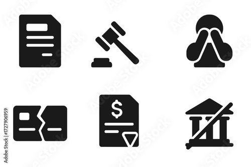 Bankruptcy Icons Set. Solid, filled icon set of bankruptcy process: legal document, judge gavel, courtroom, person with head in hands, broken credit card, debt