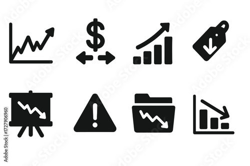 Market Risk Icons. Solid, filled icon set of market risk: stock fluctuation, currency volatility, market trend, price drop, economic indicator, investment