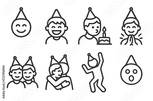 Birthday Icon Collection. Outline icon set of birthday people and emotions: happy face, laughing child, blowing candle, clapping hands, smiling friends,