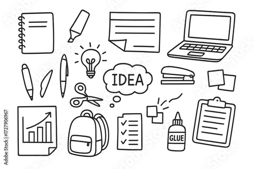 School Project Essentials. Hand-drawn doodle illustration School project preparation [notebook, highlighter, paper sheet, laptop, stapler, chart, lightbulb,