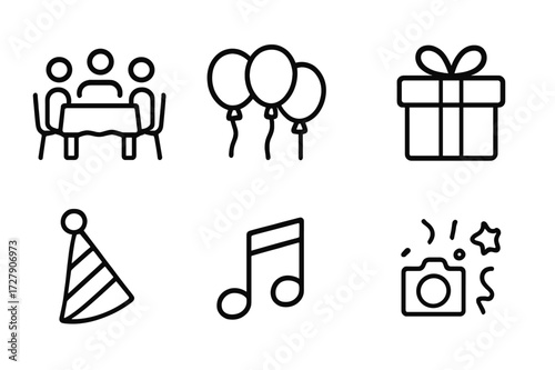 Family Celebration Icons. Outline icon set of family gathering: dinner table, balloons, cake, gift, party hat, music note, camera, confetti. Line icons in only