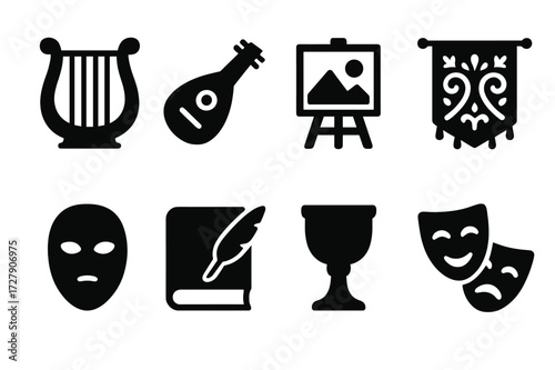 Noble Arts Icons. Solid, filled icon set of noble arts and culture: harp, lute, painting, tapestry, mask, poetry book, chalice, theater mask. Solid, filled