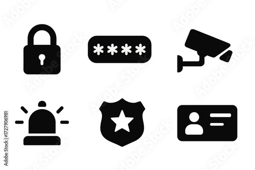 Cash Register Security Icons. Solid, filled icon set of cash register security: lock, password, fingerprint scanner, surveillance camera, alarm bell, security