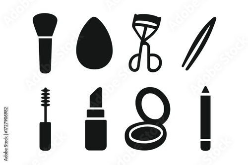 Makeup Tools Icons. Solid, filled icon set of makeup tools: makeup brush, sponge applicator, eyelash curler, tweezers, mascara wand, lipstick tube, compact