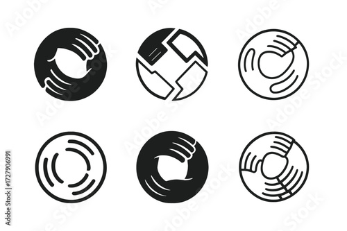 Teamwork Logo Variety. Teamwork in motion. Set Logo of teamwork in motion: Hands forming circle icon. harmonious logo variations of the same emblematic concept