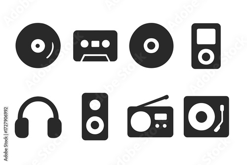 Music Playback Icons. Solid, filled icon set of music playback devices: vinyl record, cassette tape, CD, MP3 player, radio, headphones, speaker, turntable.