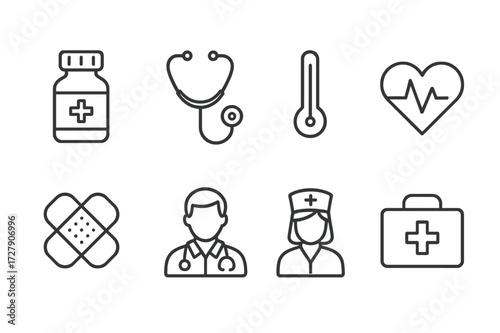 Healthcare Icon Set. Outline icon set of health in raising: medicine bottle, stethoscope, thermometer, heart monitor, bandage, doctor, nurse, first aid kit.