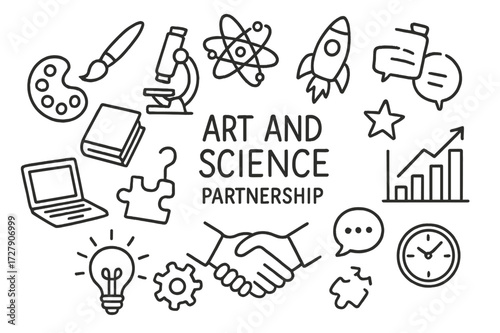 Art Meets Science Icons. Hand-drawn doodle illustration Art and science partnership paintbrush, palette, microscope, atom, rocket, book, laptop, puzzle piece,