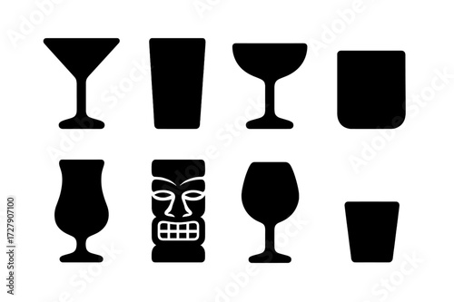 Cocktail Glass Icons. Solid, filled icon set of cocktail glasses: martini glass, highball glass, coupe glass, rocks glass, hurricane glass, tiki mug, wine