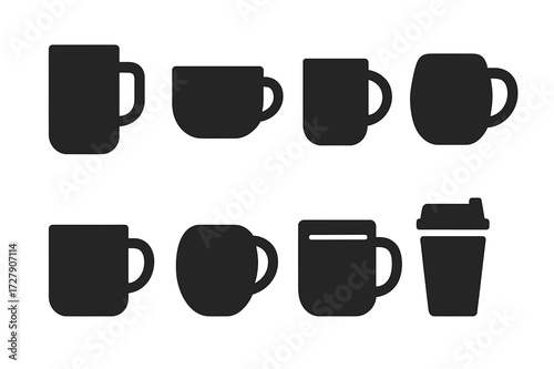 Mug Icon Collection. Solid, filled icon set of mug shapes: tall mug, wide mug, narrow mug, rounded mug, square mug, curved handle, double-walled, travel mug.