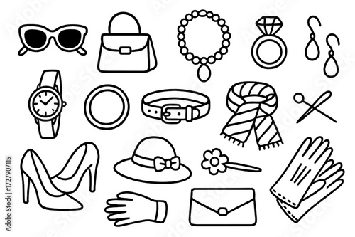 Fashion Accessories Doodle. Hand-drawn doodle illustration Fashion accessories [sunglasses, handbag, necklace, ring, watch, bracelet, belt, scarf, earrings,