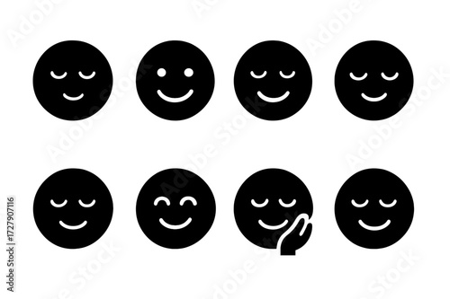 Emotions Icon Grid. Solid, filled icon set of relief emotions: calm, happy, relaxed, peaceful, content, comforted, relieved, refreshed. Solid, filled icons in