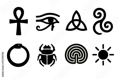 Ancient Symbols Icons. Solid, filled icon set of ancient symbols: ankh, eye of Horus, triquetra, spiral, ouroboros, scarab, labyrinth, sun disk. Solid, filled