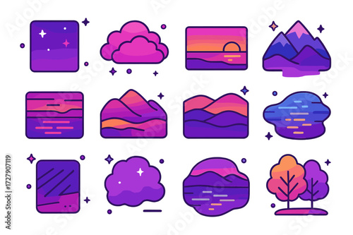 Twilight Icon Collection. Twilight colors. Colorful isometric vector icons set of Twilight colors: deep purple sky, pink clouds, orange horizon, blue twilight,