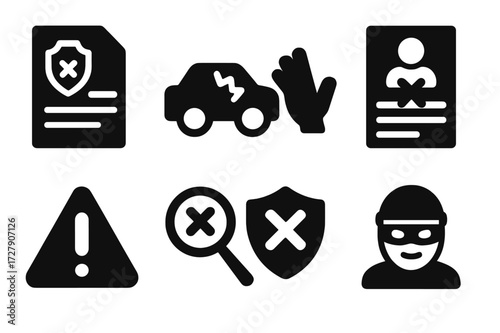 Insurance Fraud Icons. Solid, filled icon set of insurance fraud: fake claim form, broken car, suspicious hand, false documents, alert sign, magnifying glass,