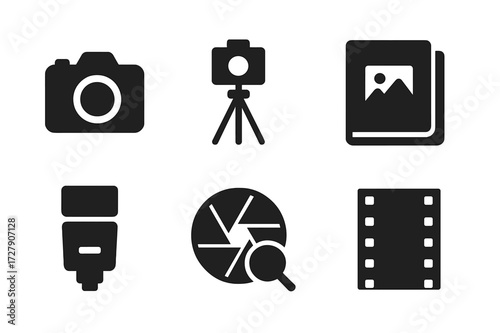 Photography Icon Set. Solid, filled icon set of photography portfolio: camera, tripod, lens, photo album, flash, aperture, zoom, film strip. [Line icons in