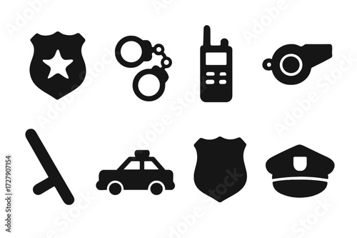 Law Enforcement Icons. Solid, filled icon set of law enforcement duty: police badge, handcuffs, walkie-talkie, whistle, baton, police car, shield, uniform cap.