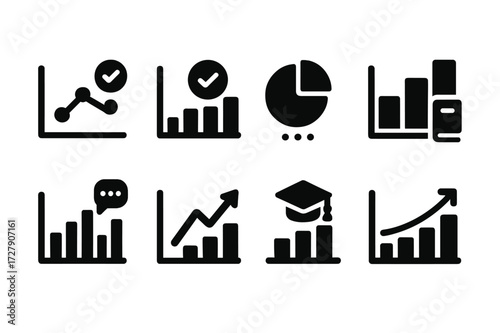 Education Graph Icon Set. Solid, filled icon set of education graphs: test scores graph, attendance chart, grade distribution, study hours graph, class