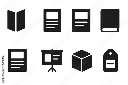 Black Icon Branding Set. Solid, filled icon set of branding materials: brochure, flyer, poster, catalog, newsletter, presentation, packaging box, product