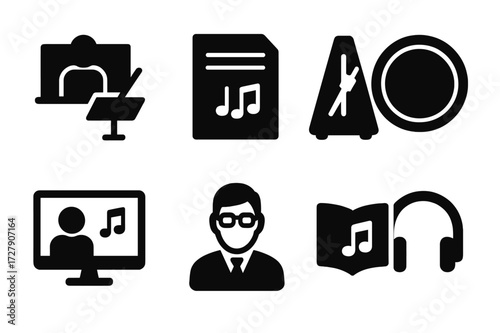 Drum Education Icons. Solid, filled icon set of drum skin education: music lesson, sheet music, metronome, practice pad, video tutorial, instructor, music