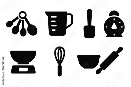 Kitchen Tool Icons. Solid, filled icon set of measuring cup accessories: measuring spoons, measuring jug, mixing bowl, spatula, kitchen timer, digital scale,