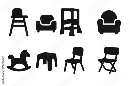 Children's Chairs Icons. Solid, filled icon set of children?s chairs: high chair, booster seat, learning tower, toddler armchair, rocking animal chair, plastic