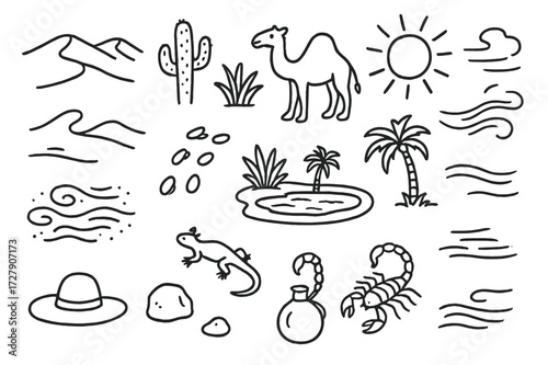 Desert Doodle Icons. Hand-drawn doodle illustration [desert dunes] [sand dune, cactus, camel, sun, footprints, desert plant, palm tree, oasis, sandstorm,