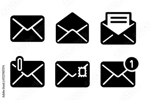 Envelope Icon Set. Solid, filled icon set of envelope: closed envelope, open envelope, sealed envelope, envelope with letter, envelope with paperclip, envelope