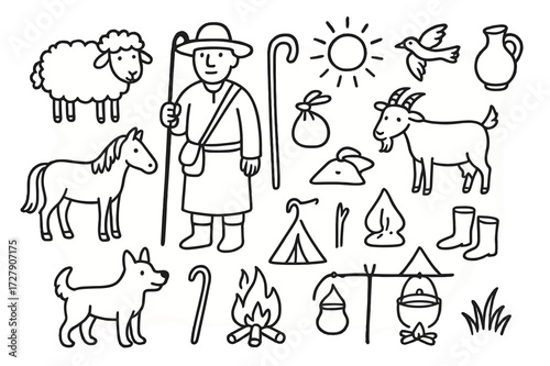 Steppe Shepherd Icons. Hand-drawn doodle illustration steppe shepherd sheep, goat, horse, dog, staff, bag, tent, campfire, cooking pot, hat, boots, sun, bird,