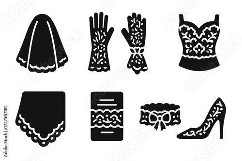 Lace Wedding Icons. Solid, filled icon set of lace wedding elements: lace bridal veil, lace gloves, lace bouquet wrap, lace dress detail, lace handkerchief,
