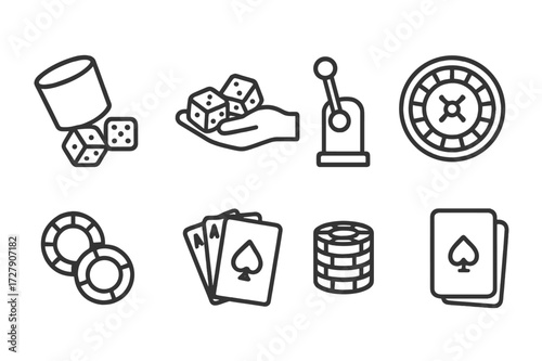 Gambling Tools Icons. Outline icon set of roll gambling tools: dice cup, dice hand, slot machine lever, roulette wheel, poker chips, playing cards, chips