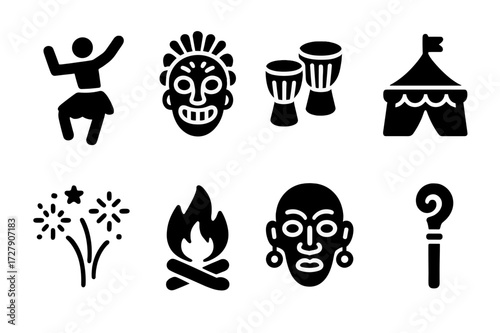 Ethnic Celebration Icons. Solid, filled icon set of ethnic celebrations: traditional dance, mask, drum circle, festival tent, fireworks, bonfire, ceremonial