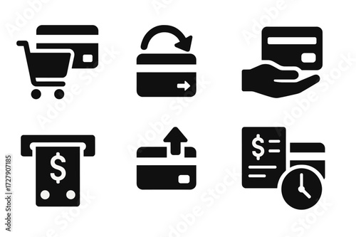 Card Transaction Icons. Solid, filled icon set of card transactions: purchase, refund, transfer, payment, withdrawal, deposit, billing, transaction history.