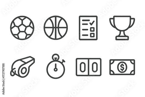 Sports Betting Icons. Outline icon set of sports betting: football, basketball, betting slip, trophy, whistle, stopwatch, scoreboard, money. Line icons in only
