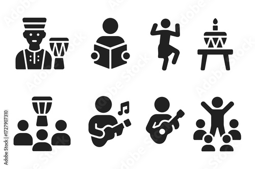 Djembe Cultural Icons. Solid, filled icon set of djembe cultural aspects: West African tradition, storytelling, dance accompaniment, ceremonial use, community