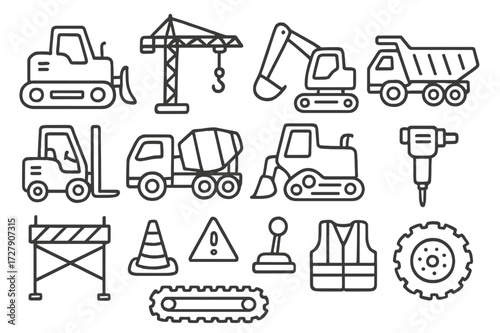Construction Machinery Doodles. Hand-drawn doodle illustration Heavy machinery [bulldozer, crane, excavator, dump truck, forklift, cement truck, front loader,