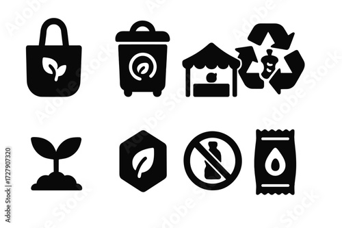 Sustainable Food Icons. Solid, filled icon set of local food sustainability: reusable bag, compost bin, farmers market tent, food recycling, plant sprout, eco