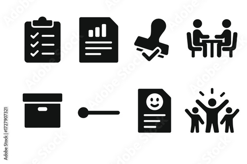 Project Closure Icons. Solid, filled icon set of project closing: checklist completed, report submission, approval stamp, meeting adjourned, archive box,