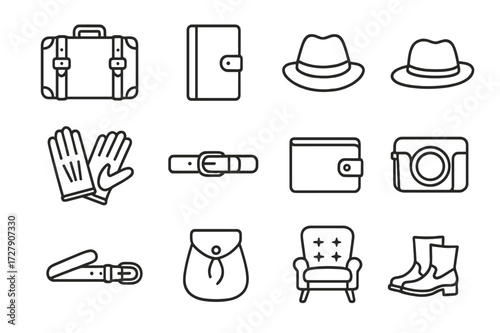 Vintage Leather Icons. Vintage leather items. Line icon set of vintage leather items: leather suitcase, leather journal, leather briefcase, leather hat,