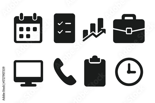 Manager Tools Icons. Solid, filled icon set of manager tools: calendar, checklist, chart, briefcase, computer, phone, clipboard, clock. [Line icons in only