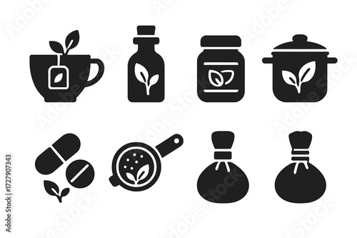 Herbal Preparations Icons. Solid, filled icon set of herbal preparations: herbal tea, tincture bottle, infused oil, salve jar, decoction pot, herbal pills, tea
