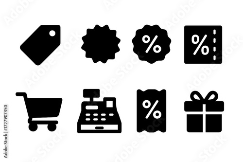 Sales Icon Set. Solid, filled icon set of sales and discounts: price tag, sale sticker, discount badge, coupon, shopping cart, cash register, receipt with %,