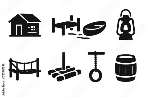 Swamp Living Icons. Solid, filled icon set of swamp dwellings and objects: wooden shack, dock, rowboat, hanging lantern, rickety bridge, raft, rope swing, old