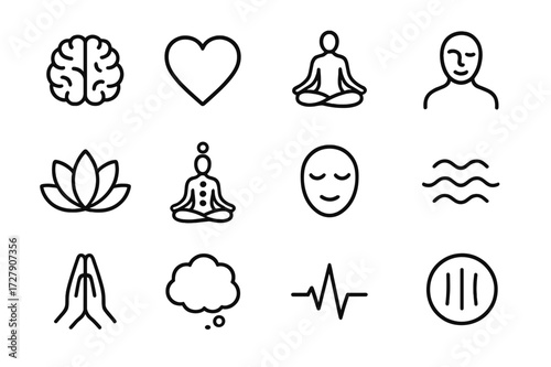 Integrative Health Icons. Integrative health. Line icon set of integrative health: brain, heart, yoga pose, meditating figure, lotus flower, chakras, calm