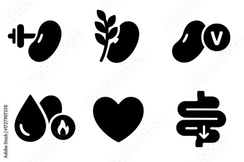 Dried Bean Nutrition Icons. Solid, filled icon set of dried bean nutrition: protein icon, fiber icon, vitamin icon, mineral icon, calorie icon, water droplet,
