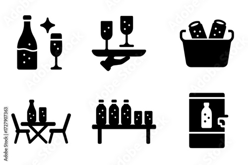 Sparkling Water Icons. Solid, filled icon set of sparkling water at events: champagne alternative, refreshment tray, glass pyramid, cooler full of cans, casual