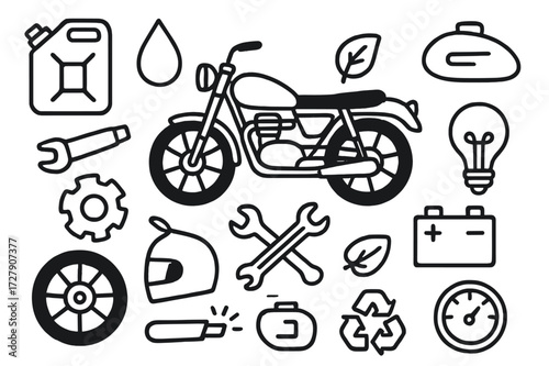 Eco-Friendly Motorcycle Icons. Hand-drawn doodle illustration Sustainable fuel motorcycle mods [fuel can, eco leaf, droplet, motorcycle, exhaust pipe, gear,