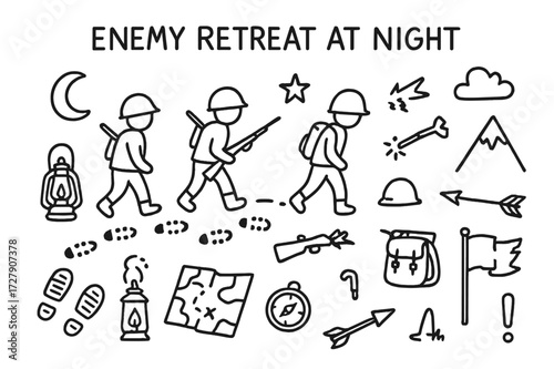 Nighttime Soldier Retreat. Hand-drawn doodle illustration Enemy retreat at night soldier figures, moon, star, cloud, lantern, boot prints, broken weapon,